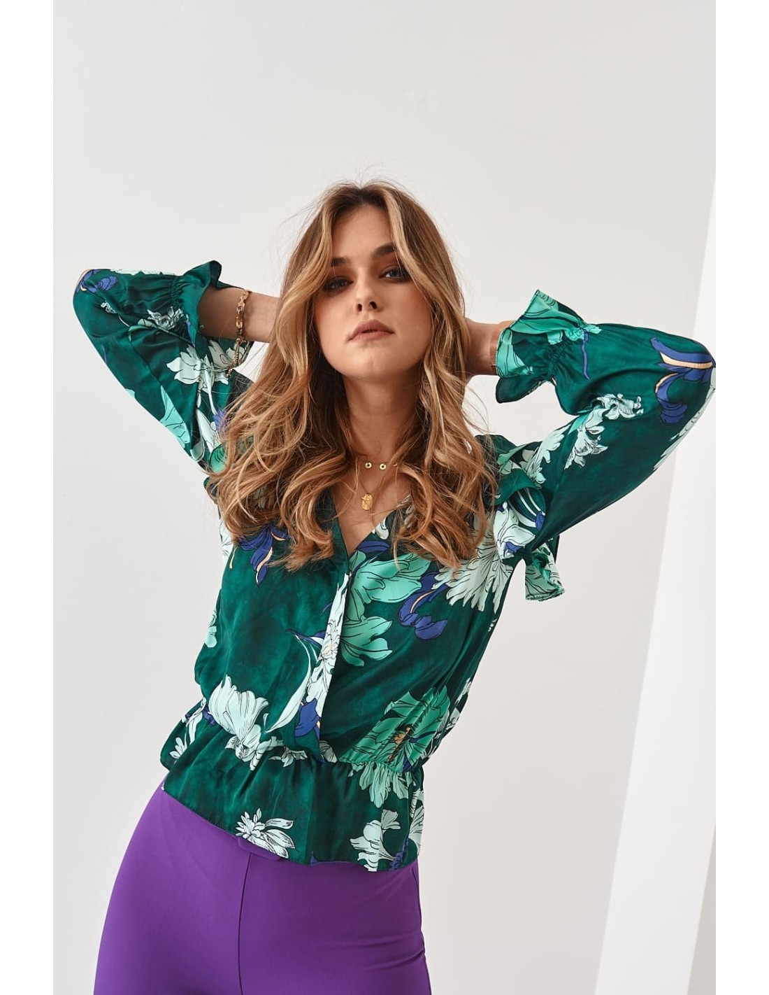 Bluza plic casual cu motive vegetale, verde inchis 20250 - Magazin online - Boutique